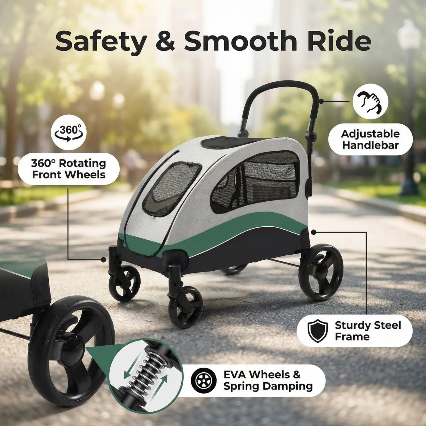Heavy Duty Pet Wagon & Large Dog Stroller , Collapsible Dog Cart with Adjustable Handle, Breathable Mesh and Storage Pockets