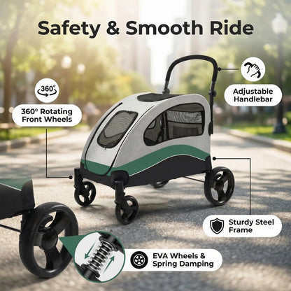 Heavy Duty Pet Wagon & Large Dog Stroller , Collapsible Dog Cart with Adjustable Handle, Breathable Mesh and Storage Pockets