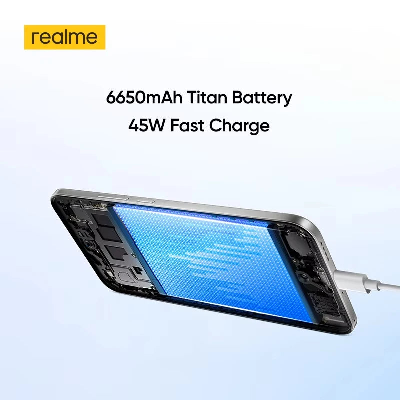 realme 16 5G smartphone, European version, MediaTek Dimensity 6400 Turbo chip, 6.57-inch 120Hz AMOLED screen, 6550 mAh Titan battery, 45 W fast charging, IP69.