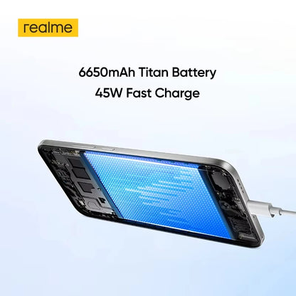 realme 16 5G smartphone, European version, MediaTek Dimensity 6400 Turbo chip, 6.57-inch 120Hz AMOLED screen, 6550 mAh Titan battery, 45 W fast charging, IP69.