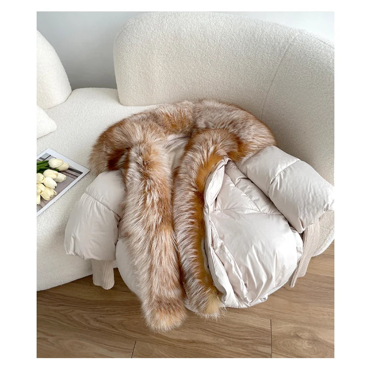 Oversized Winter Warm Real Fox Fur Collar Black Down Coat Women Puffer Outerwear Jackets 2024 Autumn Winter