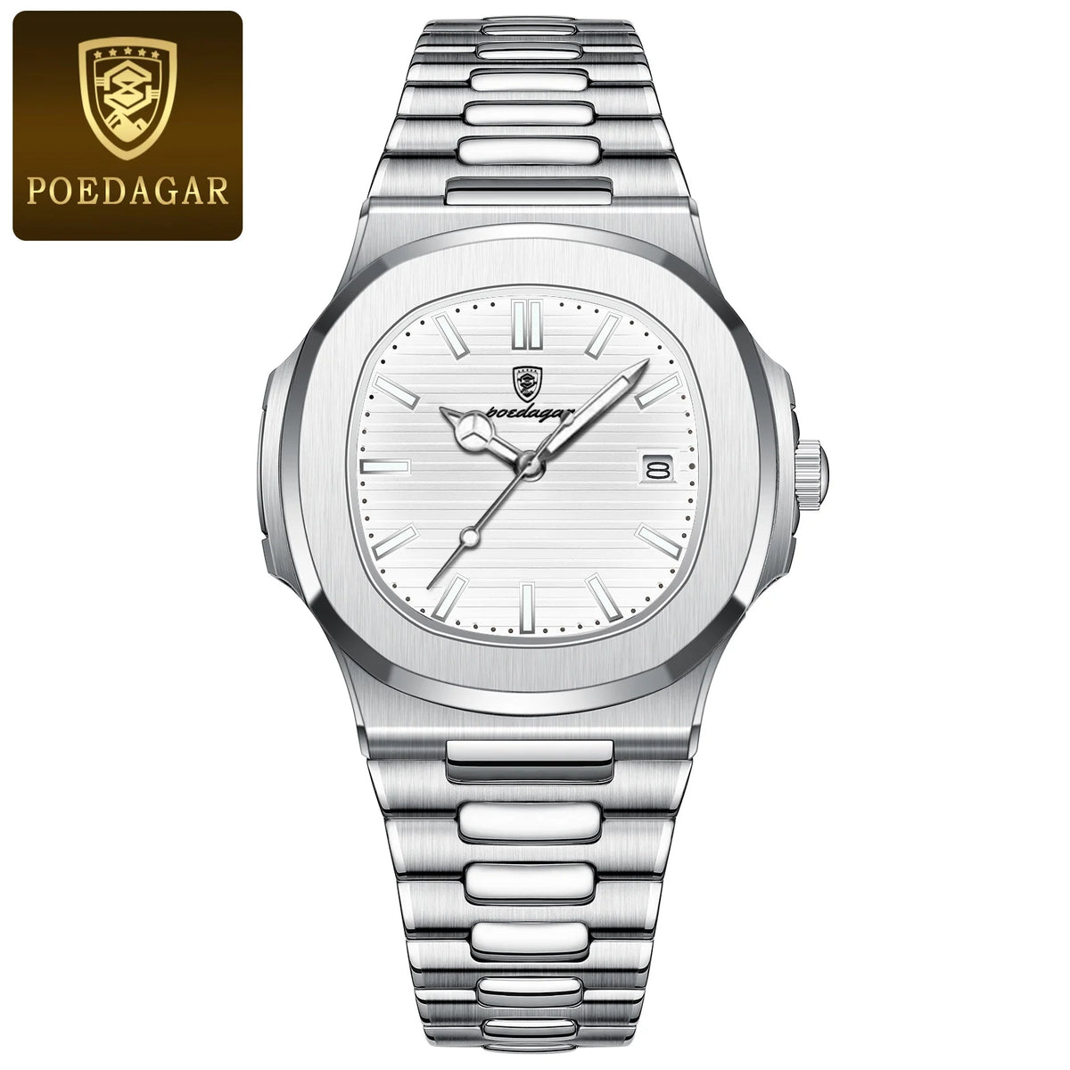 POEDAGAR Fashion Business Man Watch Waterproof Luminous Date Stainless Steel Men Quartz Watch Luxury Square Men's Watches Reloj