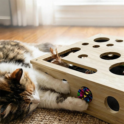 Cat Scratching Puzzle Toys, Wooden Set with 3 Bell Balls, for Indoor Cats To Scratch, Stimulate Intelligence, and Relieve Boredom.