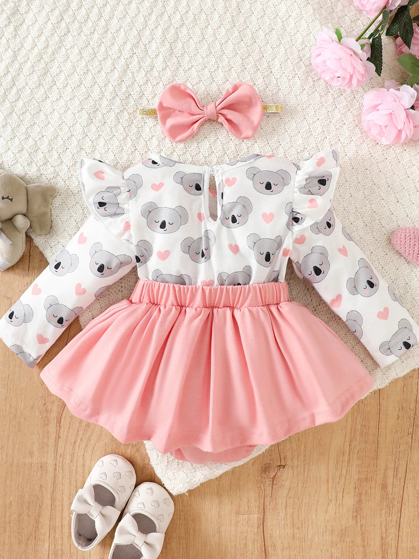 3D Koala Cute One-Piece Tulle Dress + Bow Headband, Pink and Gray, Fresh and Adorable, Perfect for Cute Photos, Princess Outfit