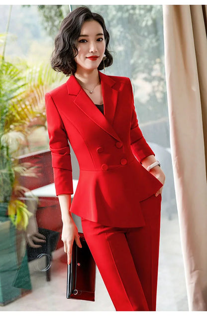 Fashion Red Pant Suits For Women Business Work Wear Formal Outfits Office Lady Blazer Set Elegant 2 Pieces Sets Female 2024 New