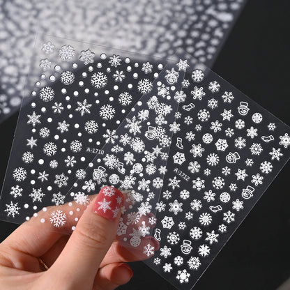 1sheet 3D White Snowflakes Nail Stickers for Christmas Winter Snow Flower Self-adhesive Nail Art Decals DIY Manicure Decorations