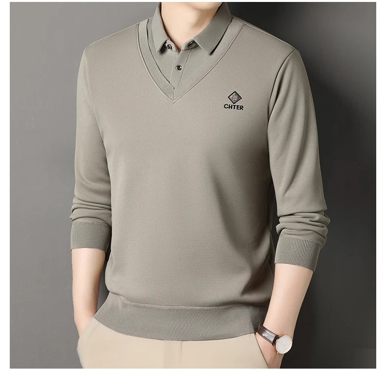 Men's Fleece Lined Sweater Polo Collar Pullover Tops Fashion Business Causal Pullovers Korean Slim Fit Thick Winter Clothes