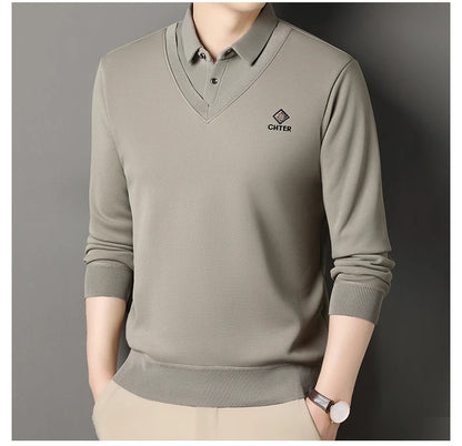 Men's Fleece Lined Sweater Polo Collar Pullover Tops Fashion Business Causal Pullovers Korean Slim Fit Thick Winter Clothes