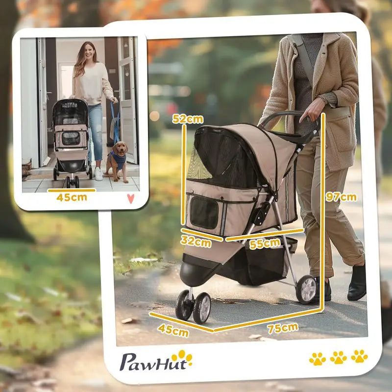 Coffee Foldable Dog and Cat Stroller Buggy, Suitable for Small Pets Weighing up to 10kg, Pet Travel Carrier Stroller with Comfort Cushion, Breathable Mesh Windows, Cup Holder and Extra Storage Bag for Daily Outdoor Use