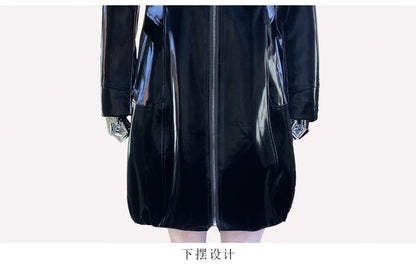 Nerazzurri Spring Fitted Waterproof Shiny Reflective Black Patent Faux Leather Jacket Women with Hood Zipper Red Autumn Clothes