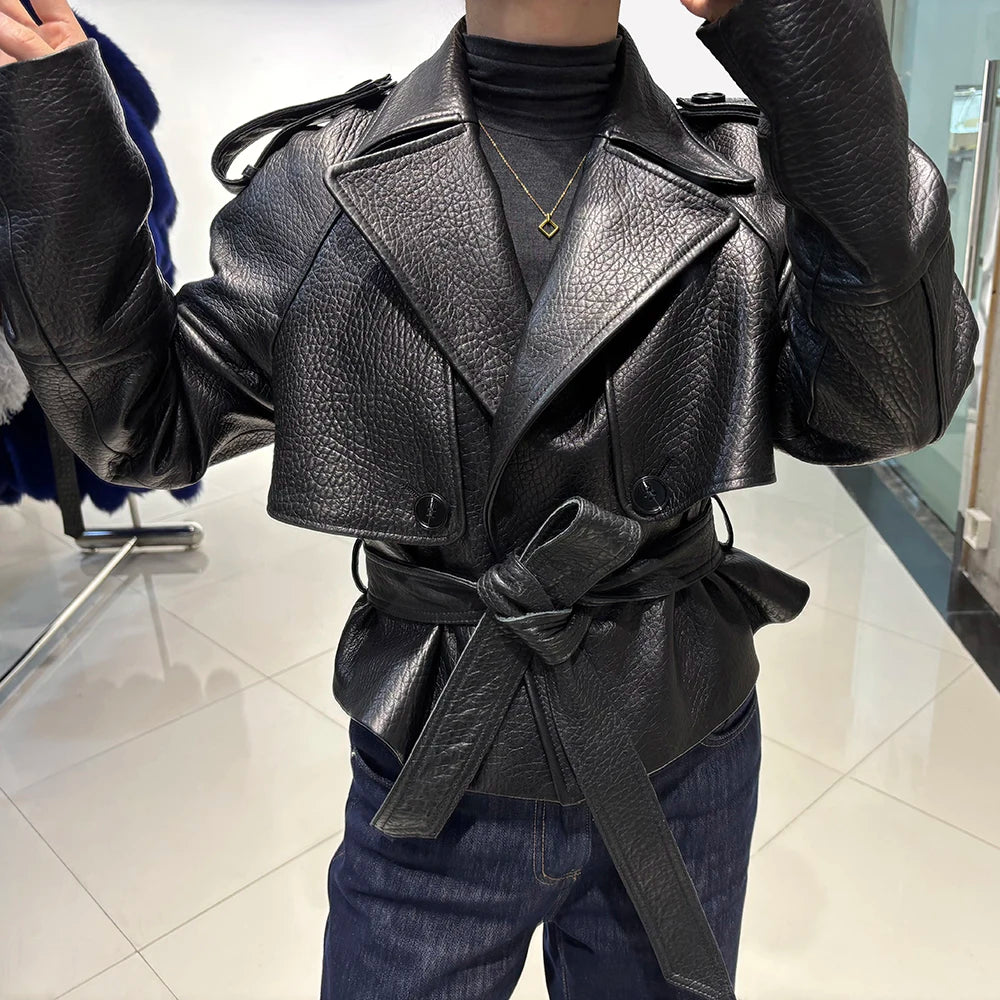 YOLOAgain Vintage Grain Leather Jacket Women Real Leather Sheepskin Jacket With Belt