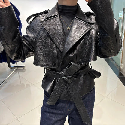 YOLOAgain Vintage Grain Leather Jacket Women Real Leather Sheepskin Jacket With Belt