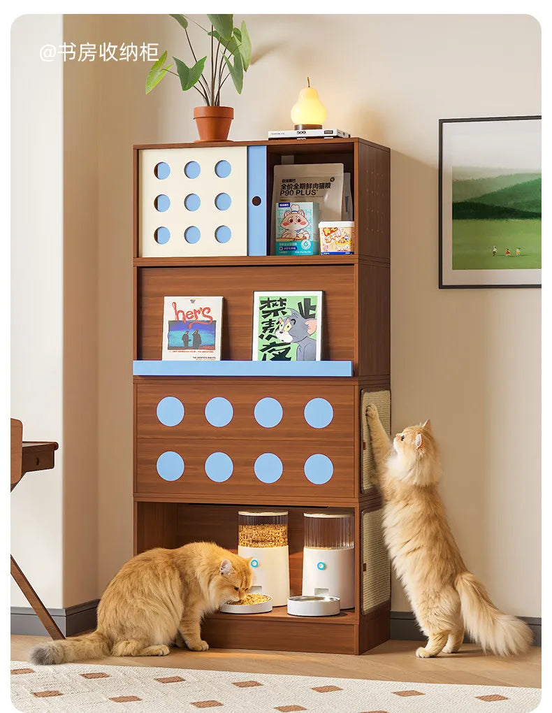 Triple-Function Cat House with Litter Box & Storage,Human-Pet Shared Furniture,Cat Tree Hut, Indoor Cat Den,Multi-Level Cat Fort