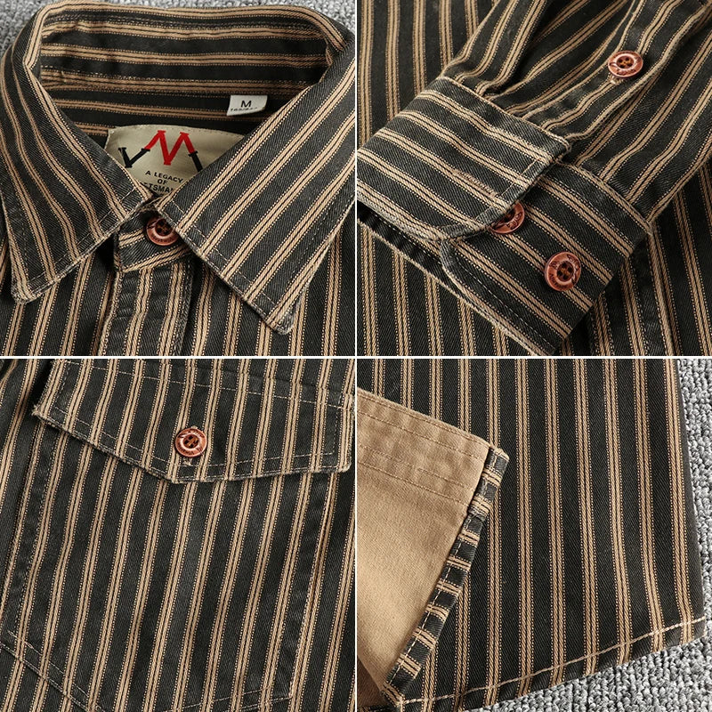 2025 Autumn And Winter New American Retro Stripe Long-Sleeve Lapel Shirt Men's Simple Fashion Washed Multi-pocket Casual Blouses