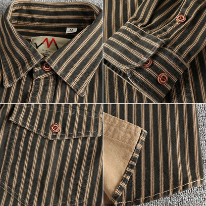 2025 Autumn And Winter New American Retro Stripe Long-Sleeve Lapel Shirt Men's Simple Fashion Washed Multi-pocket Casual Blouses