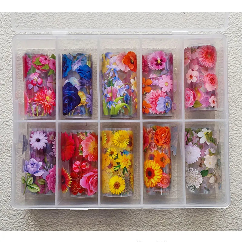 New Flower Nail Foils for Transfer Paper Stickers Floral Adhesive Fruit Nails Wraps Fish DIY Water Marble Nail Art Decorations
