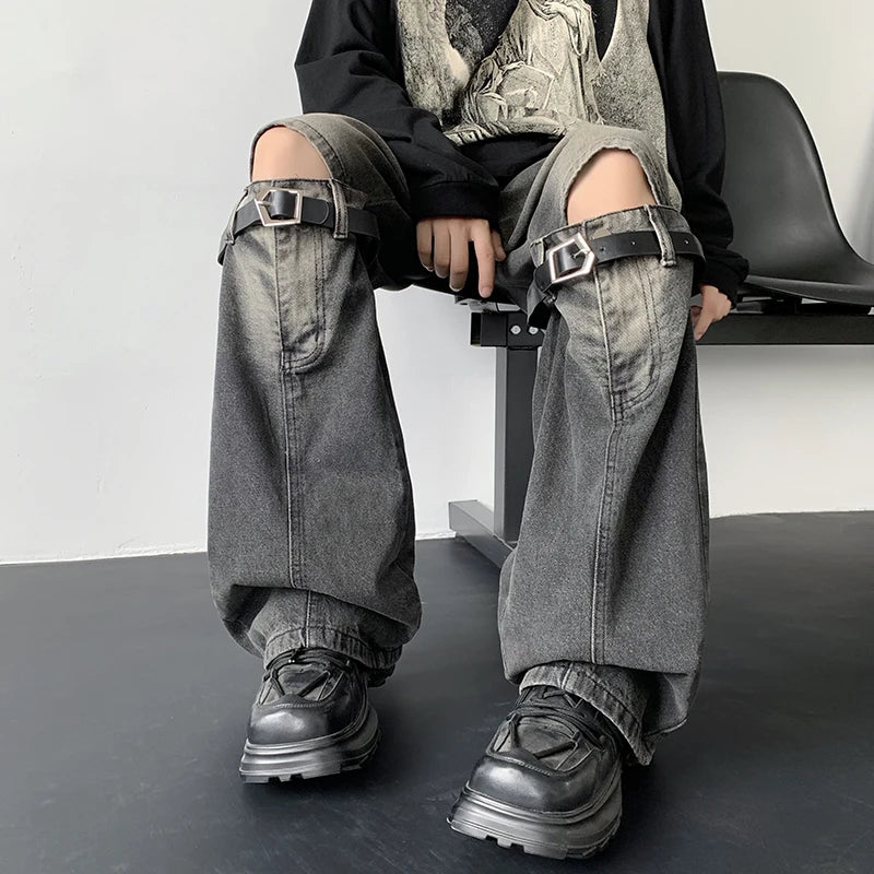 Men's Jeans Retro Trousers Knee Holes Splicing High Street Loose Denim Trousers Flared Jeans Straps Cowboy Casual Long Pants