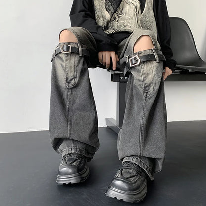 Men's Jeans Retro Trousers Knee Holes Splicing High Street Loose Denim Trousers Flared Jeans Straps Cowboy Casual Long Pants