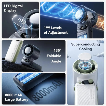 Portable Handheld Fan Strong Wind 199 Gear Wind Speed LED Digital Display Adjustable Outdoor 3-in-1 Handheld Fan 8000mAh F5PRO