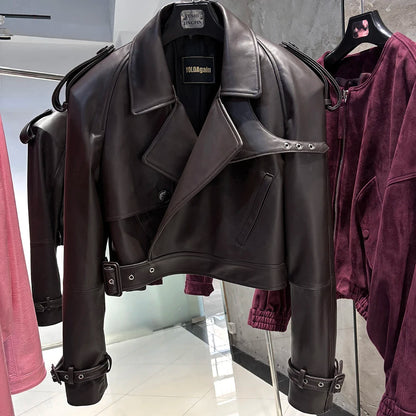 YOLOAgain Wide Shoulder Real Leather Jacket Women Oversized Genuine Leather Cropped Jacket