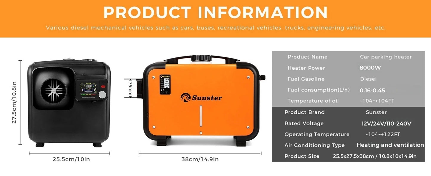 8KW 12V&24V&110-240V Diesel Air Heater With Bluetooth App,LCD Switch,24Hours Timing For Car Trailer Truck Diesel Parking Heater