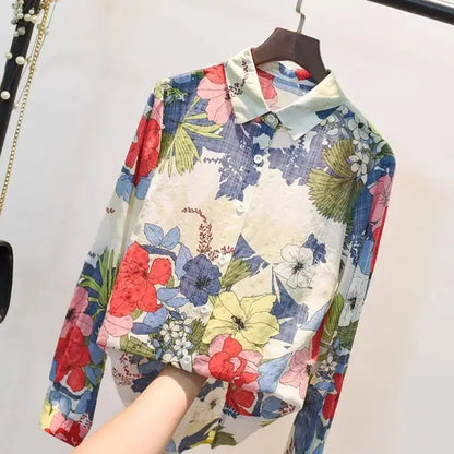 Blue Floral Print Vintage Polo-Neck Single Breasted Long Sleeve Women's Blouse Shirt Casual Female Clothing Tops Fashion 2024