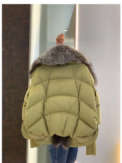 Oversized Winter Warm Real Fox Fur Collar Black Down Coat Women Puffer Outerwear Jackets 2024 Autumn Winter