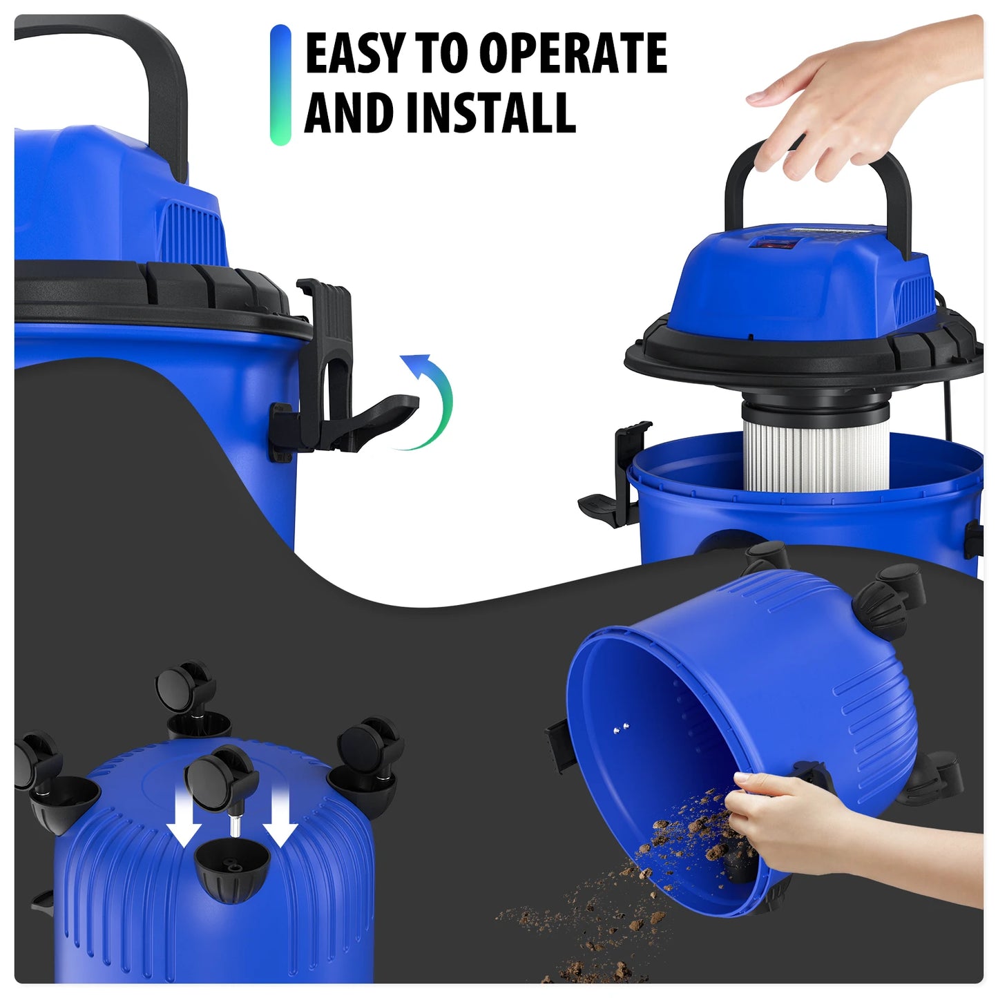 DayPlus Industrial Vacuum Cleaner Hoover Wet and Dry 4800W Powerful Suction Bagless, 16Kpa, 15 Litre Capacity, 4 Caster Wheels