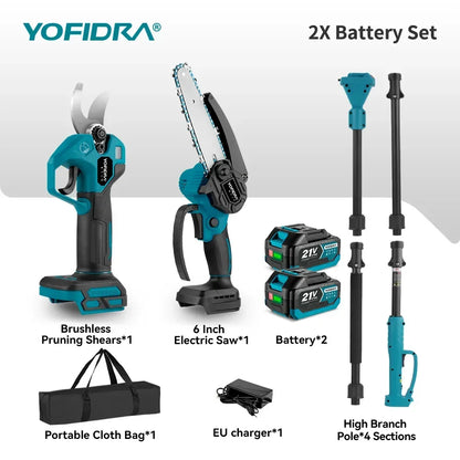 YOFIDRA 3IN1 Brushless Electric Chainsaw Telescoping Pole High Branch Saw Woodworking Pruning Power Tool  Makita 21V Battery Pin