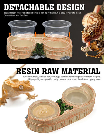 Two-in-One Reptile Food and Water Bowl, resin material, includes 2 easy-clean plastic bowls, suitable for lizards, geckos