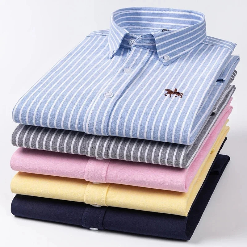Basic Oxford Dress Shirt For Men Long Sleeve 100% Pure Cotton Solid  Casual Plaid Striped Social Business Male Regular-Fit S-6XL