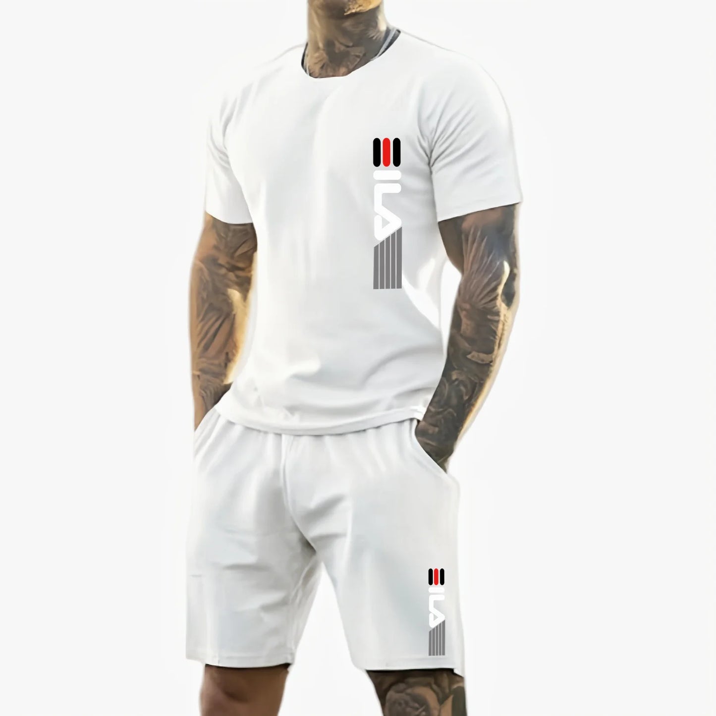 Men 2025 summer new casual sports suit Fashion breathable outdoor men's short-sleeved T-shirt + training shorts two-piece set