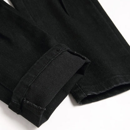 Men Snake Embroidery Jeans Streetwear Black Stretch Denim Pants Holes Ripped Distressed Slim Straight Trousers