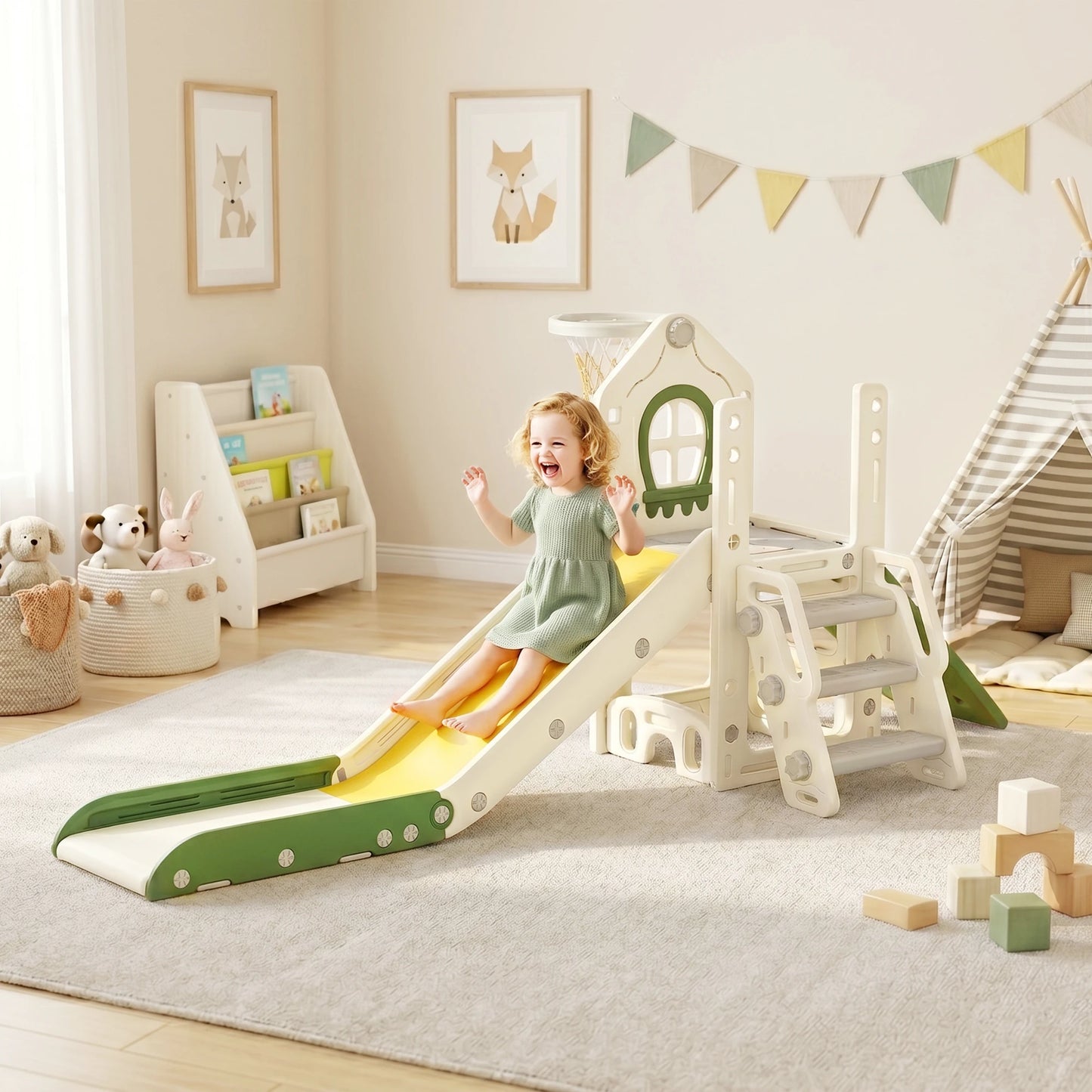 4-in-1 foldable slide with a climbing element, basketball hoop, storage space, and a basketball for children aged 1 to 3, cream white