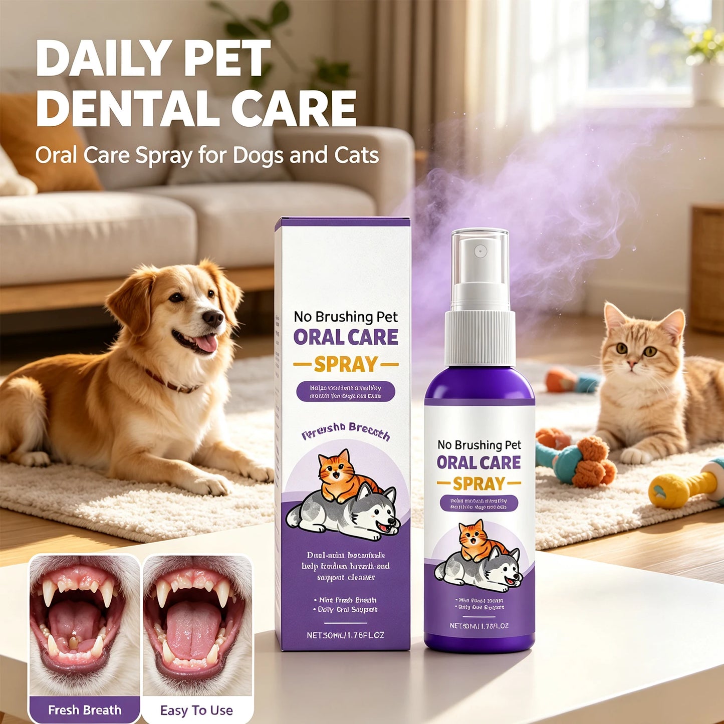 Pet Oral Care Spray Teeth Cleaning Remove Plaque Tartar Eliminate Bad Breath  Dental Dirt Protect Gum Health for Cats Dogs 50ml