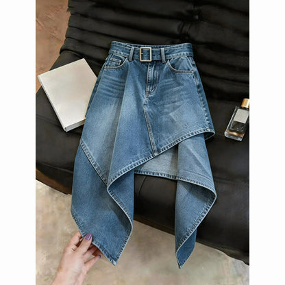2026 New Blue Washed Denim Irregular Half Skirts Women's Summer High Waisted A-line Skirts