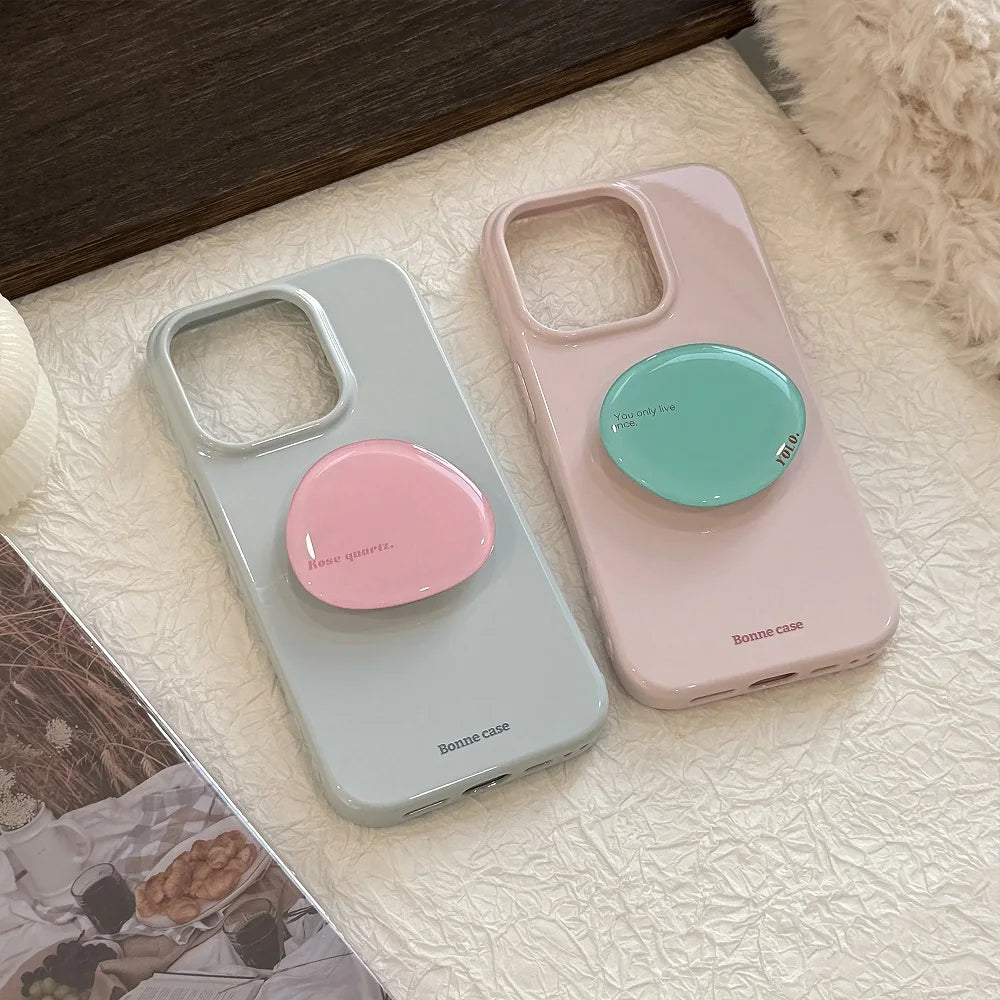 Korean INS Cute Solid Color Phone Case for iPhone 17 16 15 14 13 12 Pro Max Shockproof Protection Back Cover with Bracket