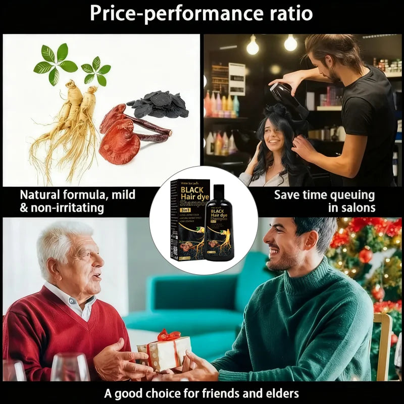 Pure Black Hair Dye Shampoo 3in1. Long Lasting Rich Color, Gray Coverage. Organic Ginger Polygonum Extracts. Gentle Effective.