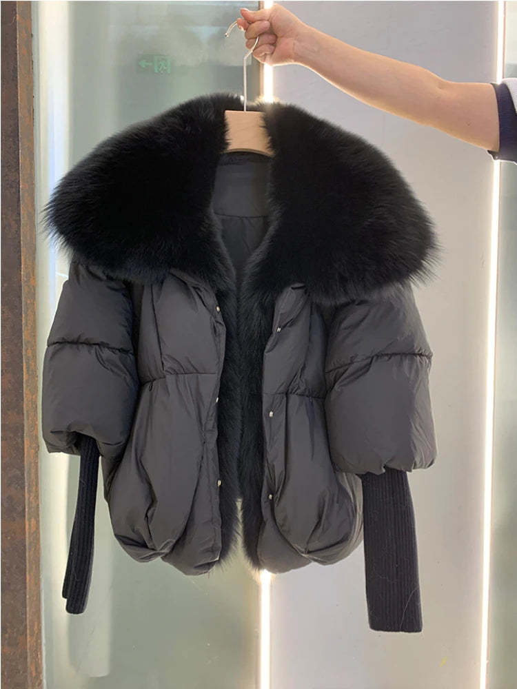 Oversized Winter Warm Real Fox Fur Collar Black Down Coat Women Puffer Outerwear Jackets 2024 Autumn Winter