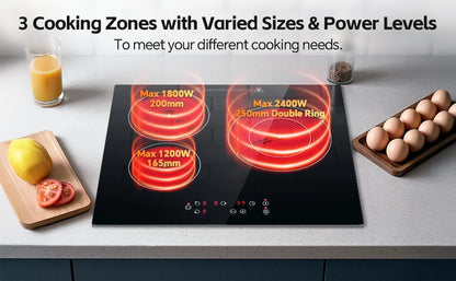 2-Zone Ceramic Hob, 3000W with Child Lock, 9 Heat Levels, 1-99min Timer, Black (CE Certified)