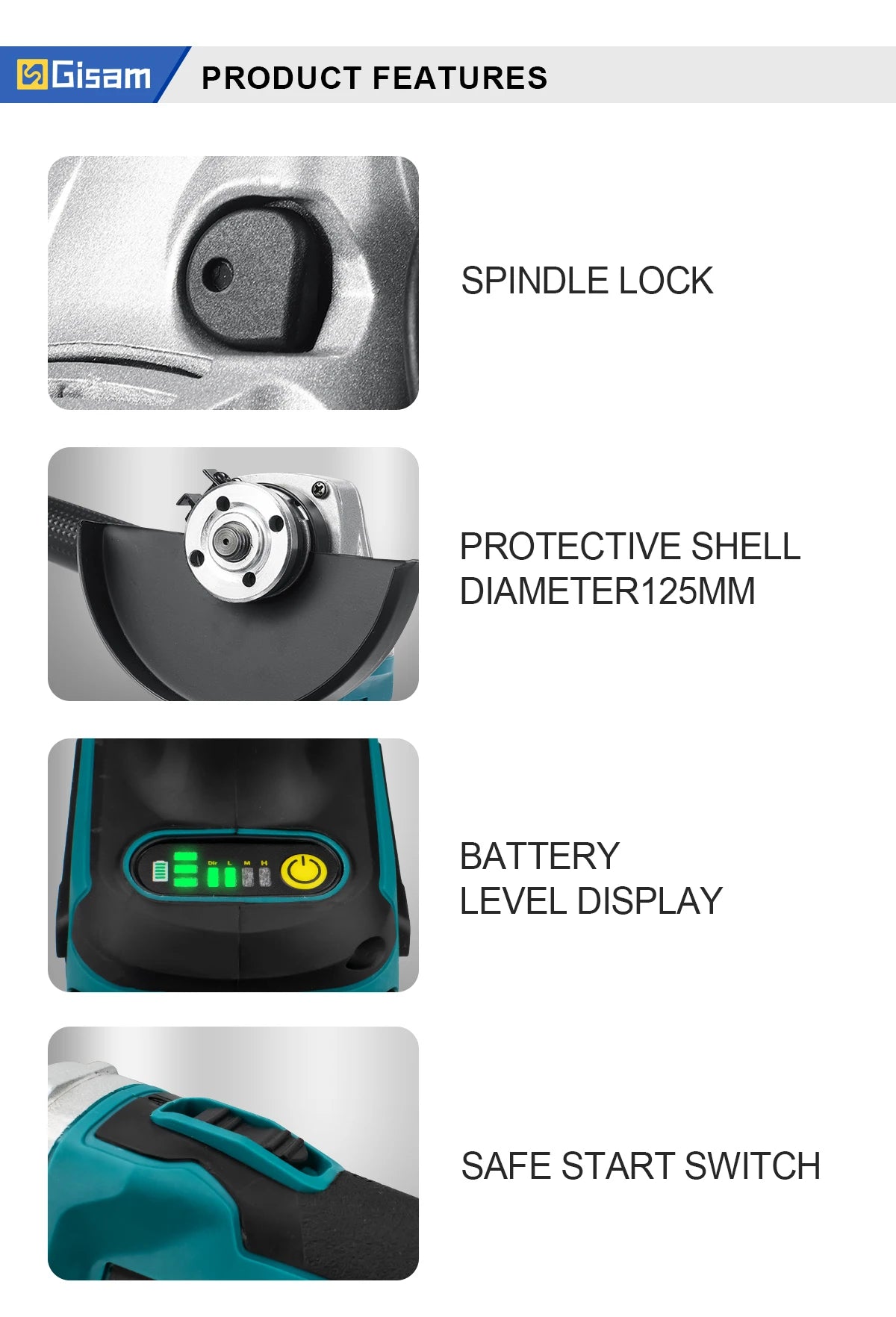 Gisam 125mm M14 Brushless Angle Grinder Cutting Machine Cordless Electric Angle Grinder Power Tools for Makita 18V Battery Pins