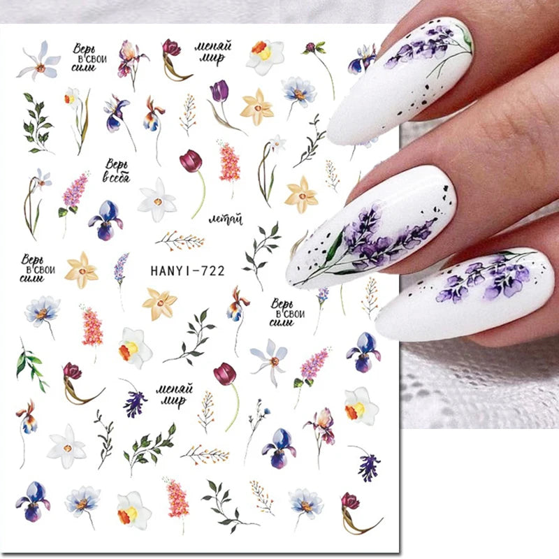 3d Nail Art Decals Elegant White RoyalBlue Roses Flowers Adhesive Sliders Nail Stickers Decoration For Nail Manicure