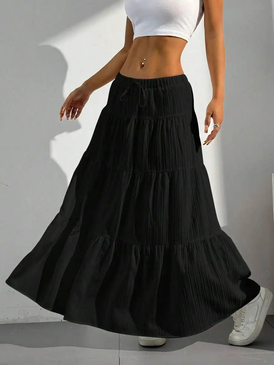 European and American Cross-Border New Style Wish Spring and Summer Women's Skirts, Tie-Strap Spliced Flared Skirts, Loose Long