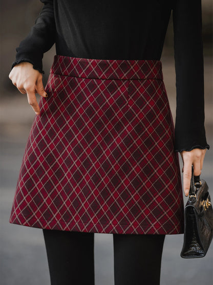 XIAOGULI 2026 Autumn Winter Women Mini Skirt Vintage Style Red Plaid High Waisted Elegant Office Casual Short Skirt