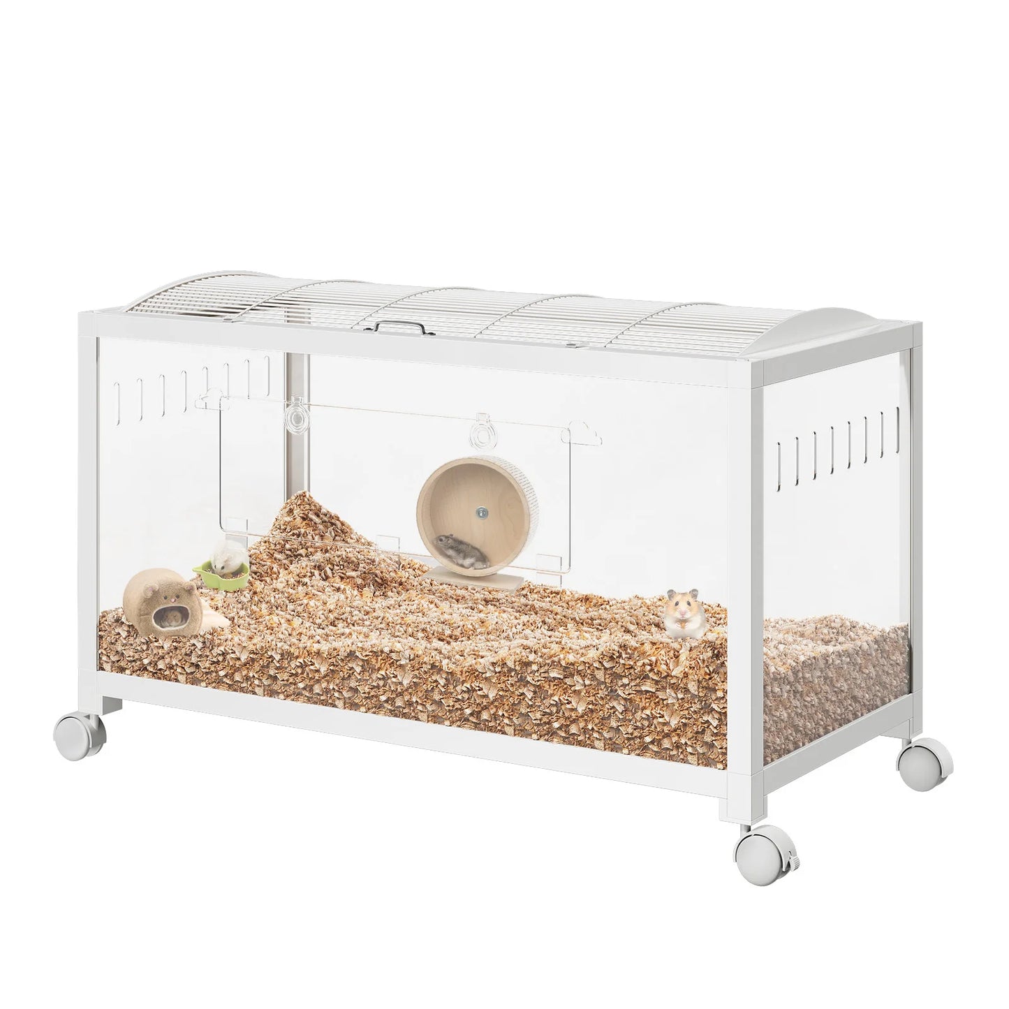 Large Hamster Cage - Metal Frame, Glass Bottom, Acrylic Sides - Chew-Proof Stackable Small Animal Habitat Box with Wheels and Door for Hamsters Gerbils Rats & Small Pets