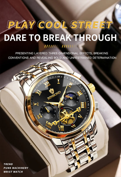 BINBOND Chronograph Men's Watches Accurate Quartz Watch For Men Luxury Luminous Waterproof StopWatch Durable Reloj