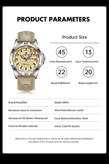PAAZOMU Man Luxury Brand Watch Waterproof Luminous Date Week Men's Quartz Wristwatch Stainless Steel Fashion Sports Men Watches