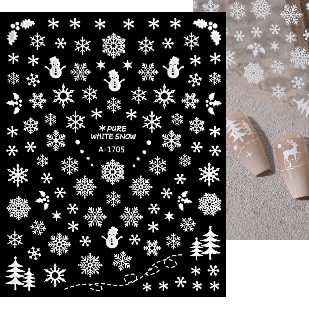 1sheet 3D White Snowflakes Nail Stickers for Christmas Winter Snow Flower Self-adhesive Nail Art Decals DIY Manicure Decorations