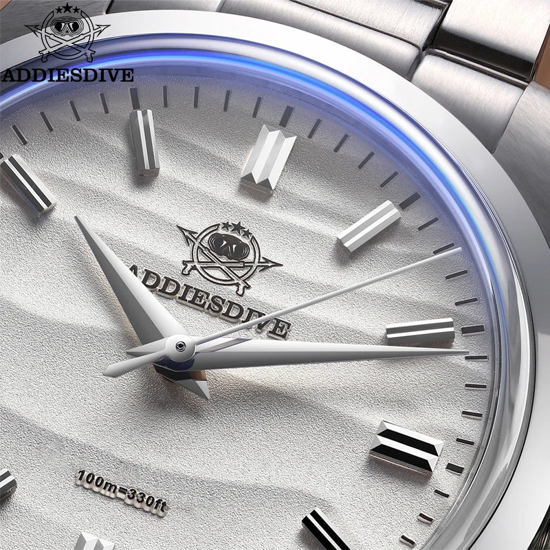 ADDIESDIVE Hot Sale AD2030 Without LOGO Watch Stainless Steel 100M Waterproof Quartz Watches 3D Sand Dial Men's Wristwatch Dress