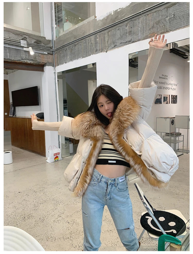 Oversized Winter Warm Real Fox Fur Collar Black Down Coat Women Puffer Outerwear Jackets 2024 Autumn Winter